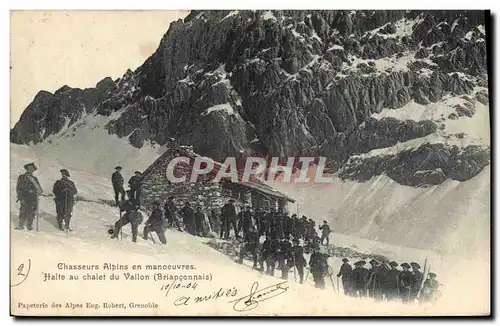 Ansichtskarte AK Militaria Chasseurs alpins en manoeuvres Halte au chalet du Vallon Brianconnais