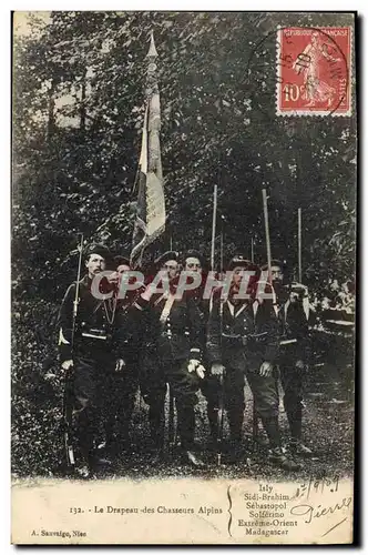 Cartes postales Militaria Chasseurs alpins Le drapeau des Chasseurs Alpins Isly Sidi Brahim Sebastopol Solferino