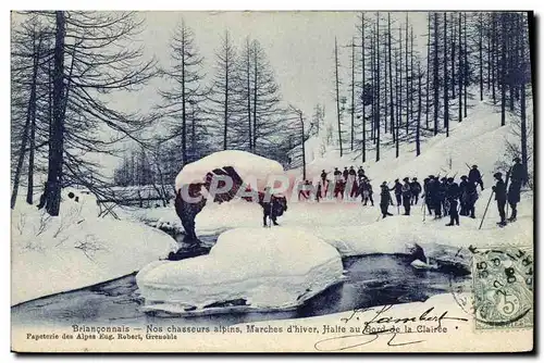 Cartes postales Militaria Brianconnais Nos Chasseurs alpins Marches d&#39hiver Halte au bord de la Clairee