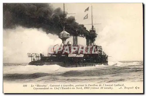 Cartes postales Bateau Le Massena Cuirasse a tourelles portant le pavillon de l'amiral Caillard