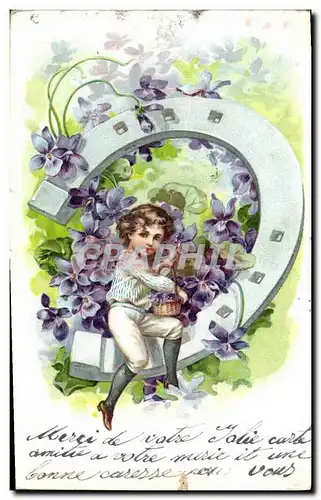 Cartes postales Fantaisie Fleurs Enfant Fer a cheval