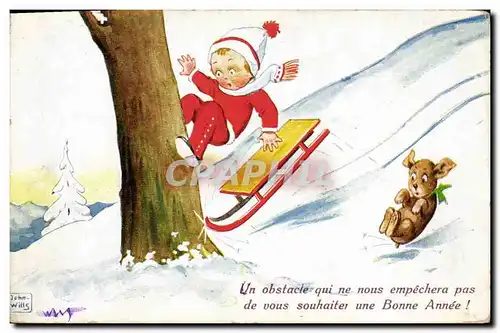 Cartes postales Fantaisie Illustrateur Enfant Luge Chien