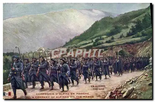 Cartes postales Militaria Chasseurs Alpins Compagnie d&#39alpins en marche