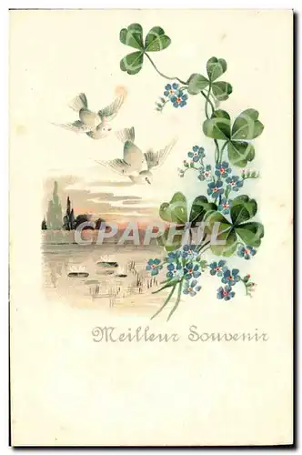 Cartes postales Fantaisie Fleurs Trefles Colombes