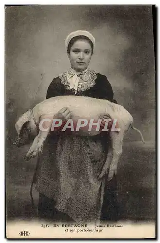 Ansichtskarte AK Cochon Porc Bretagne Jeune Bretonne et son porte bonheur