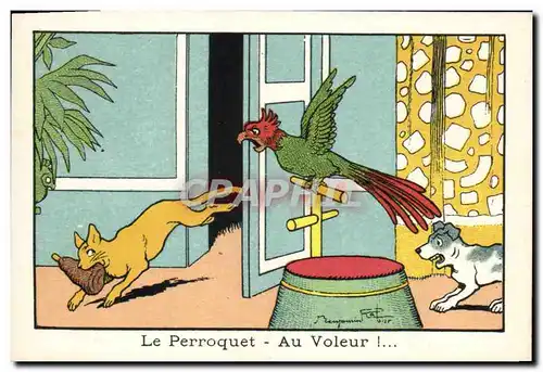 Chromo Bledine Le perroquet Au voleur Chien