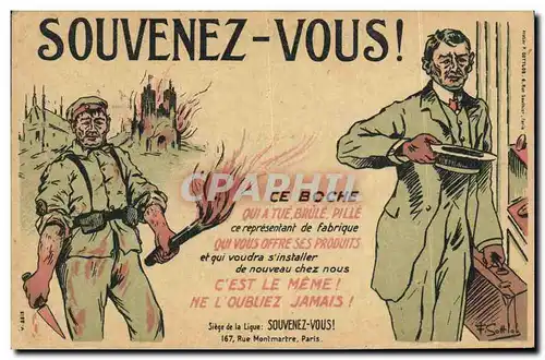 Cartes postales Fantaisie Illustrateur Militaria Souvenez vous Boche