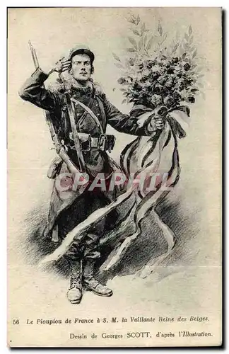 Cartes postales Fantaisie Illustrateur Militaria Le Pioupiou de France a SM la Vaillante Reine des Belges Scott