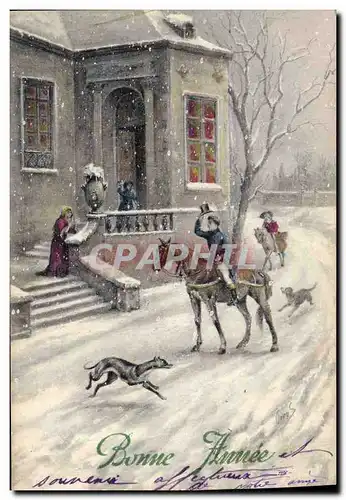 Ansichtskarte AK Fantaisie Illustrateur Cavalier Bonne annee Cheval Chien