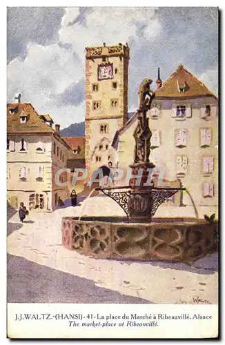 Cartes postales Fantaisie Illustrateur Hansi Alsace La place du marche a Ribeauville