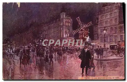Cartes postales Fantaisie Illustrateur Paris Le moulin rouge le soir