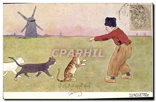 Cartes postales Fantaisie Illustrateur Enfant Moulin a vent Chat Chaton Chats Hollande