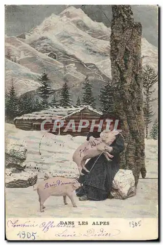 Ansichtskarte AK Cochon Porc Enfant Dans les Alpes