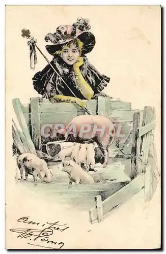 Cartes postales Cochon Porc Femme