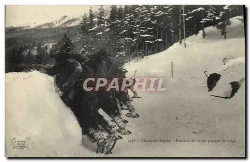 Cartes postales Militaria Chasseurs Alpins Exercice de tir sur parapet de neige Raquettes