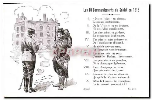 Cartes postales Militaria Les 10 commandements du soldat en 1915