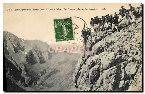 Cartes postales Militaria Chasseurs Alpins Manoeuvres dans les Alpes Montee d&#39une piece de canon