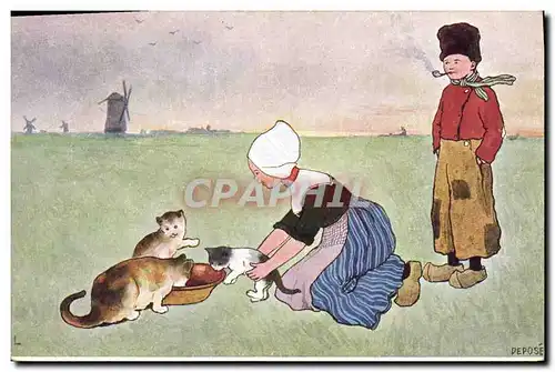 Cartes postales Fantaisie Illustrateur Enfants Hollande Moulin a vent Chat Chats Chaton