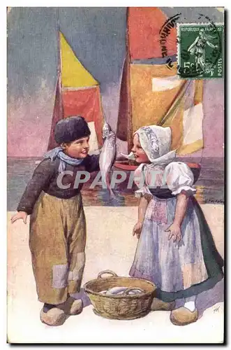 Cartes postales Fantaisie Illustrateur Enfants Hollande Bateau