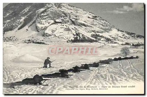 Cartes postales Militaria Chasseurs Alpins Ecole de ski de Briancon Ligne de skieurs tirant couche