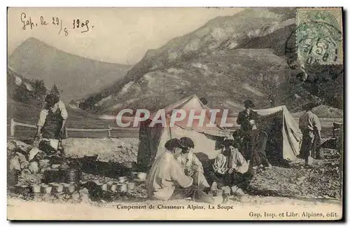 Cartes postales Militaria Campement de Chasseurs Alpins La soupe