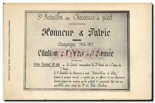 Cartes postales Militaria 8eme bataillon de chasseurs a pied Honneur & Patrie Citation a l&#39ordre de l&#39arme