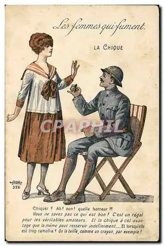 Ansichtskarte AK Fantaisie Illustrateur Les femmes qui fument la chique Militaria Tabac