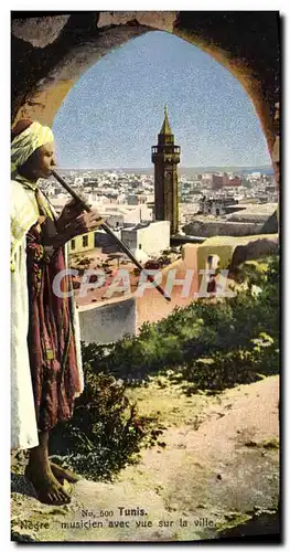 Cartes postales Folklore Tunis Negre musicien avec vue sur la ville