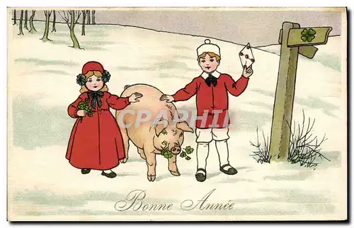 Ansichtskarte AK Fantaisie Enfants Cochon Porc (carte toilee) Bonne annee