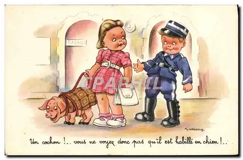 Cartes postales Fantaisie Enfants Cochon Porc Police Gendarme