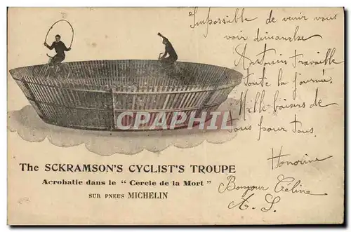Cartes postales Cirque The Sckramson&#39s Cyclist&#39s troupe Acrobatie dans le Cercle de la Mort pneus Michelin
