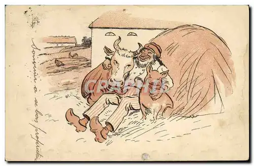 Ansichtskarte AK Fantaisie Illustrateur Homme Vache cochon Porc
