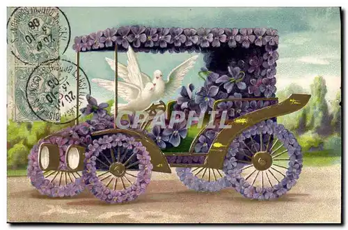 Ansichtskarte AK Fantaisie Fleurs Colombe Automobile