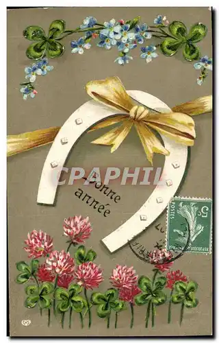 Cartes postales Fantaisie Fleurs Fer a cheval Trefle