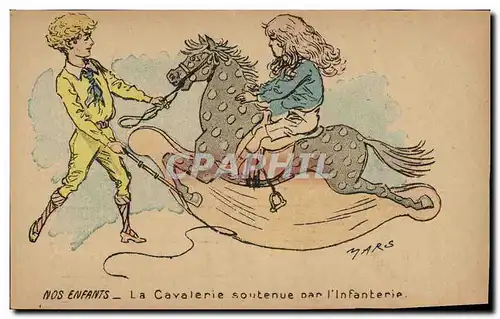 Ansichtskarte AK Fantaisie Illustrateur Nos enfants La cavalerie soutenue par l&#39infanterie Cheval