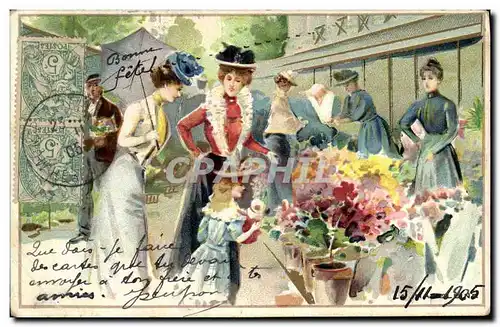 Ansichtskarte AK Fantaisie Illustrateur Femmes Marche au fleur