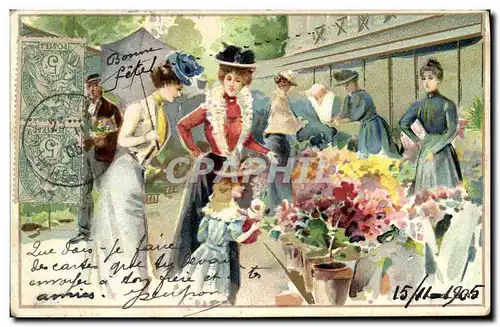 Cartes postales Fantaisie Illustrateur Femmes Marche au fleur