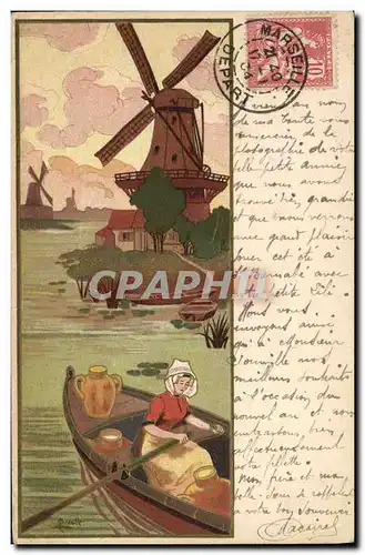Cartes postales Fantaisie Illustrateur Femme Moulin a vent