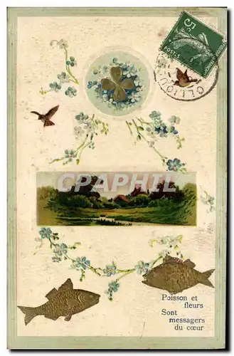 Cartes postales Fantaisie Fleurs Trefles Poissons