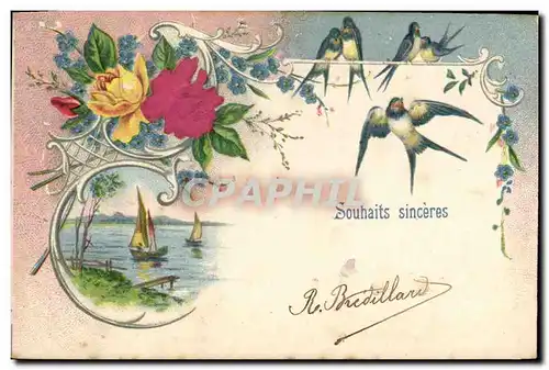 Cartes postales Fantaisie Fleurs Hirondelles Bateau