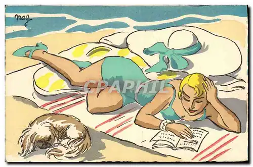 Ansichtskarte AK Fantaisie Illustrateur Femme Plage Chien