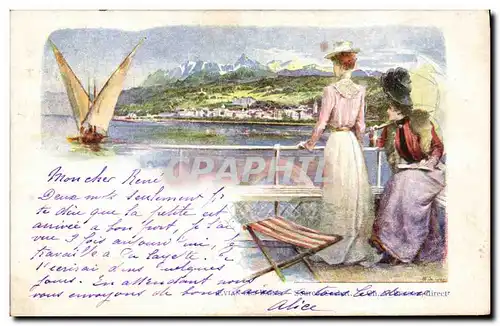 Cartes postales Fantaisie Illustrateur Evian les Bains Bateau