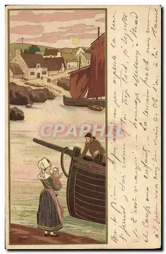 Cartes postales Fantaisie Illustrateur Femme Bateau Peche