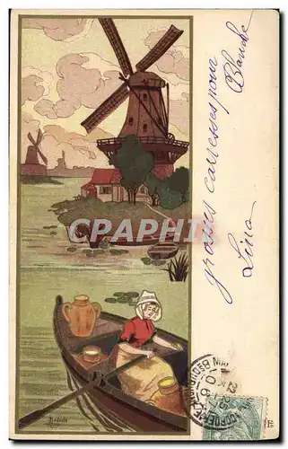 Cartes postales Fantaisie Illustrateur Femme Barque Moulin a vent