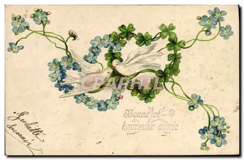 Cartes postales Fantaisie Fleurs Colombes Coeurs