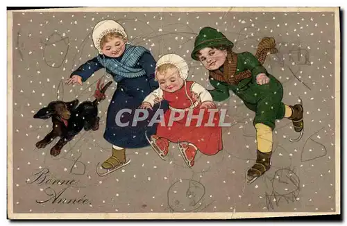 Cartes postales Fantaisie Enfants Patins a glace Chien