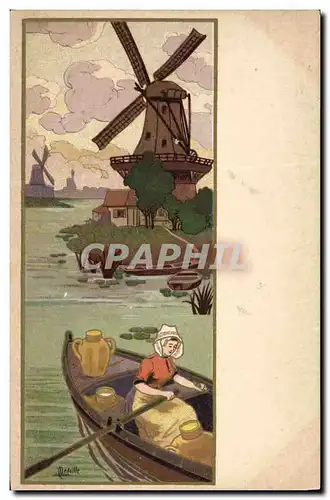 Ansichtskarte AK Fantaisie Illustrateur Femme Barque Moulin a vent