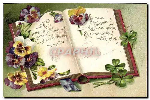 Cartes postales Fantaisie Fleurs Trefles Livre