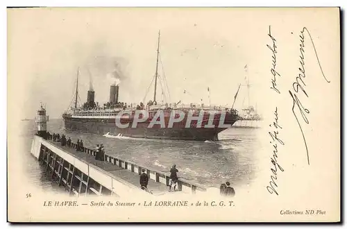 Cartes postales Bateau Paquebot Le Havre Sortie du steamer La Lorraine de la CGT
