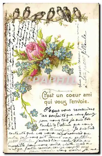 Cartes postales Fantaisie Fleurs Oiseaux